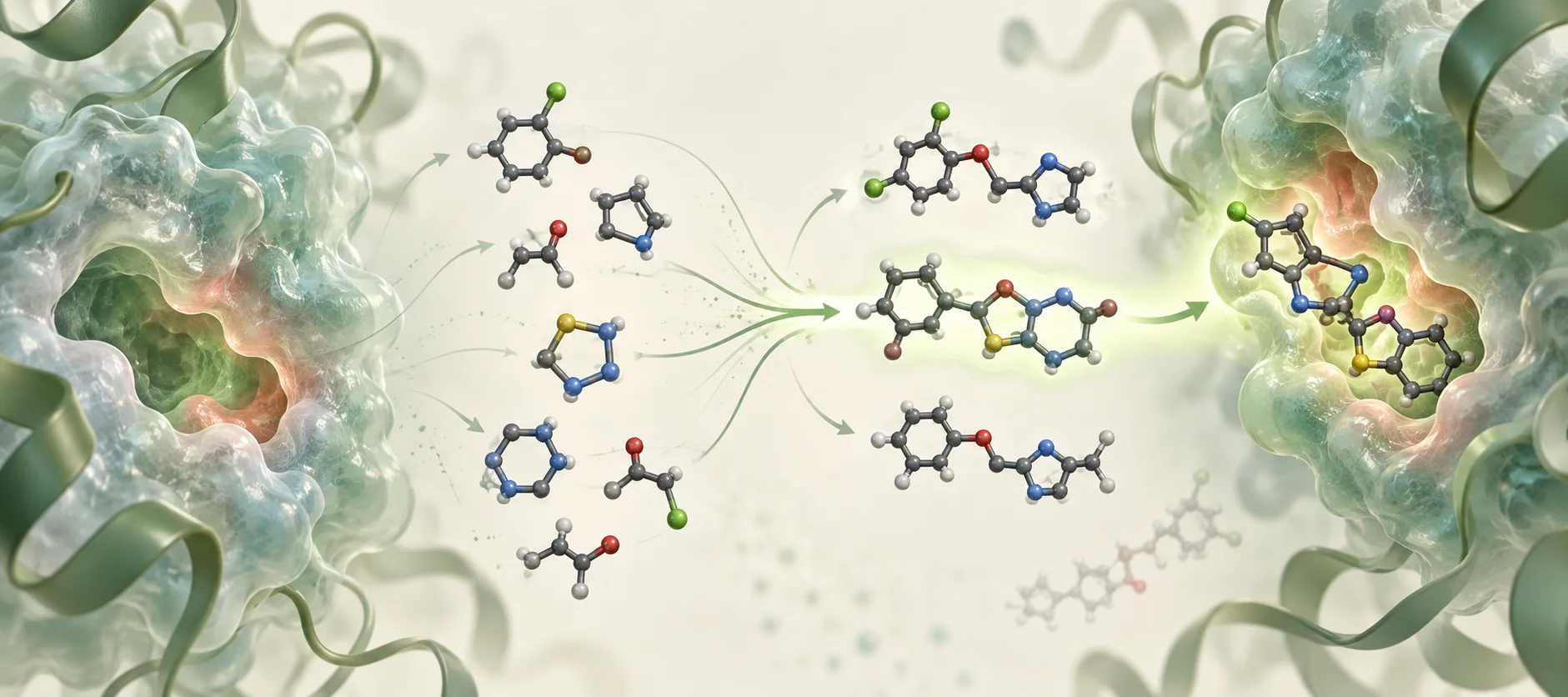 Molecular fragments being assembled into candidate ligands and evaluated against a protein pocket