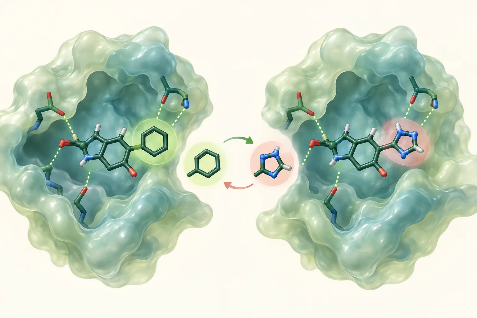 Two related protein pockets showing an exchanged molecular group with a similar fit