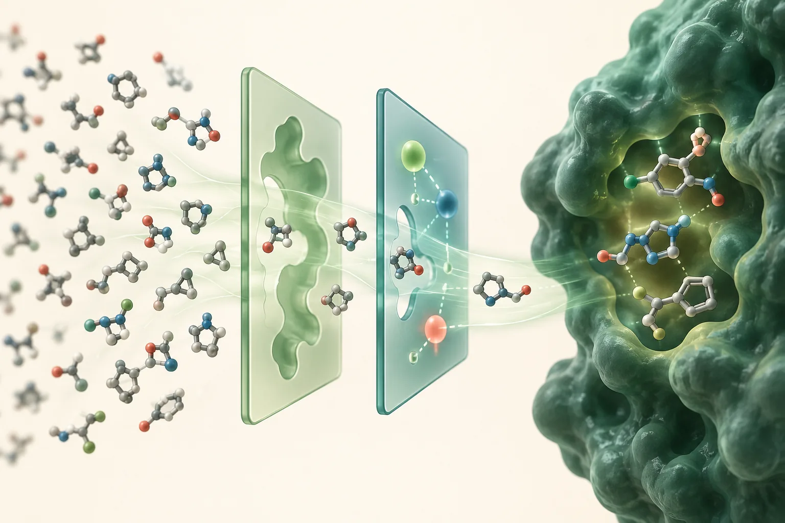Many molecular fragments passing through shape and interaction filters toward a target pocket
