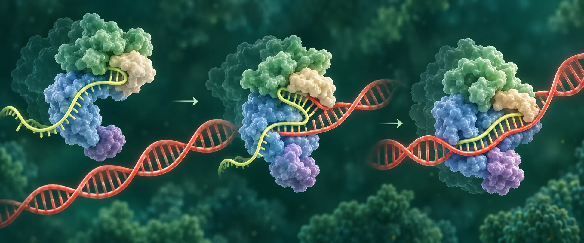 Conceptual sequence of an RNA-guided protein complex recognizing DNA and stabilizing an RNA-DNA hybrid