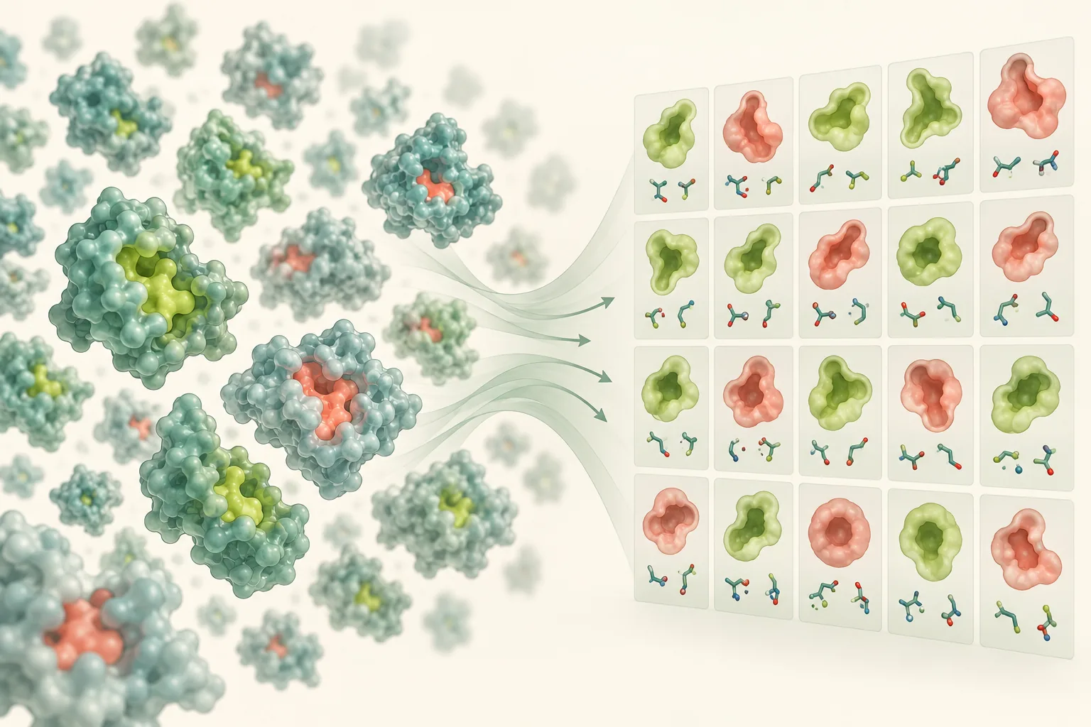 Many protein structures with highlighted cavities becoming an organized pocket collection